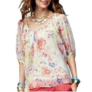 Cabi Blouse Size M White Watercolor Floral Sheer 3/4 Balloon Sleeve #826